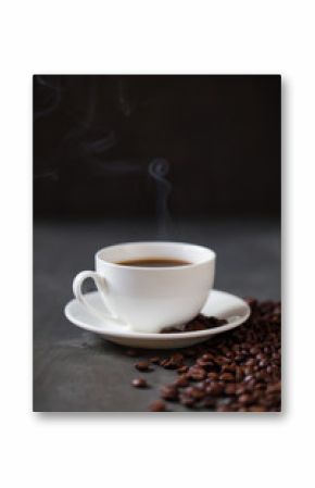 Coffee cup and saucer on a wooden table. Grey background