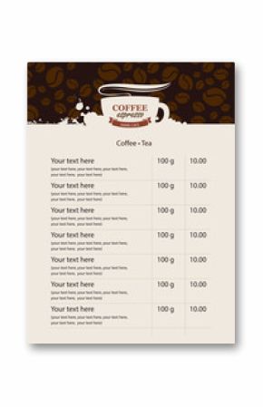 menu price list for coffee beans and coffee drops