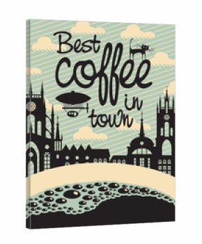 banner for a cafe with a cup of coffee and the old town