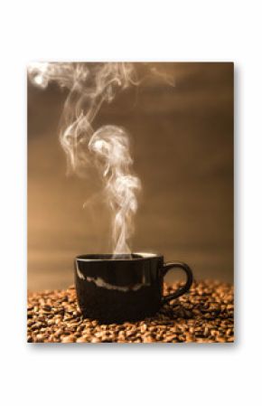 still life of warm black cup of coffee on  roasted coffee beans