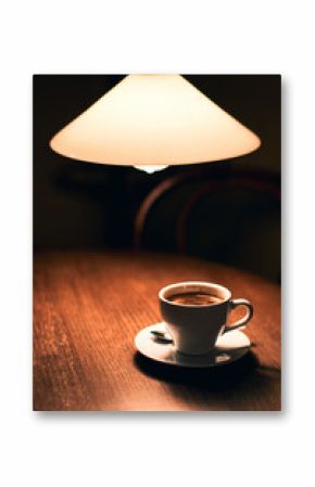 Cup of coffee on a vintage wooden cafe table under an old lamp in a dark interior