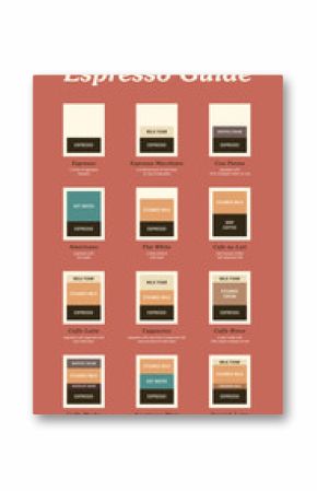 Espresso based drinks. Visual guide for ingredient ratios of hot coffee drinks. Espresso, Macchiato, Con Panna, Americano, Flat White, Latte, Cappuccino, Mocha, Misto. Vector illustration.