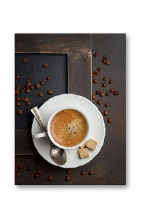 Cup of fresh coffee on dark background, top view