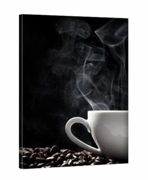 Steaming coffee cup put on coffee beans isolated on black background.