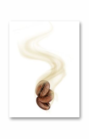 Coffee beans with hot steam close-up on white background