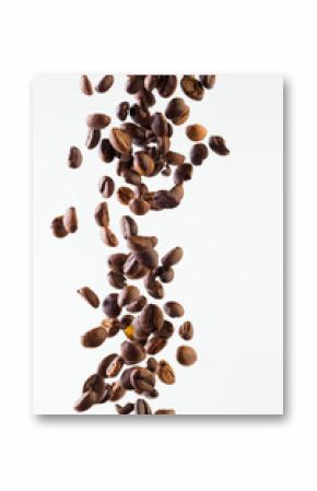 Falling grains of roasted coffee on a white background
