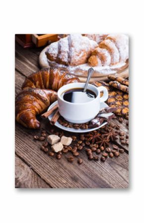 Breakfast with coffee and croissants on table