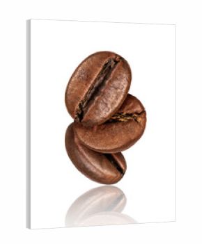 Coffee beans with reflection closeup, isolated on white background