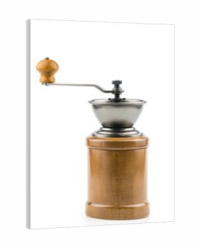 A vintage retro coffee grinder in a wooden case with handle isolated on white background (Old-fashioned).