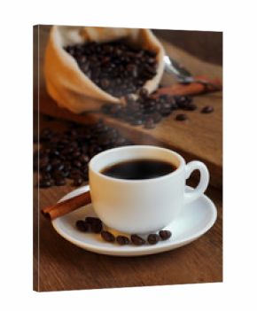 Hot black coffee and bean coffee.
