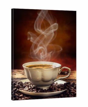 Coffee. Cup of coffee and coffee beans. Vintage cup and old oak table