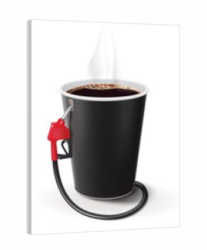 Paper cup of coffee with dispenser. Metaphor coffee is power for people. Creative vector 3d illustration