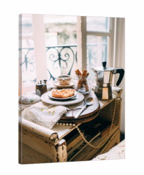 Morning coffee with biscuits. Italy morning. Vintage style
