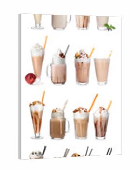 Set with different delicious milk shakes on white background