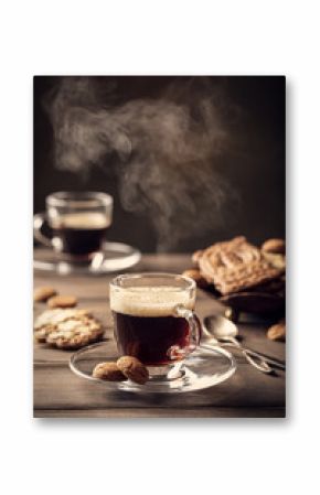 Steaming coffee cup on old wooden background with copy space. Retro style toned dark photography.