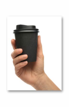 Woman holding takeaway paper coffee cup on white background