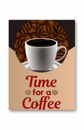 time for a coffee lettering with cup in dish and grains
