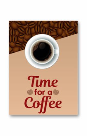 time for a coffee lettering with cup in dish and seeds