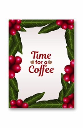 time for a coffee lettering with seeds and leafs plant frame