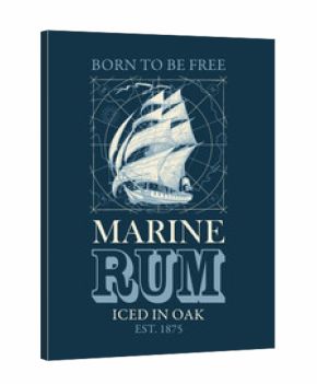Vector banner or label with the inscription Marine Rum and the words Born to be free. Decorative illustration with a hand-drawn sailing ship on a dark background with map in retro style.