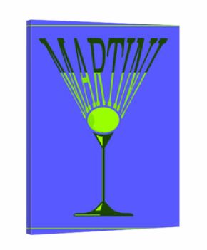 typography lettering martini glasses with olive on purple background