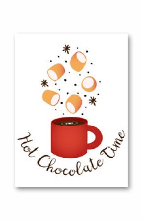 Vector poster with spices falling into red mug with hot drink, coffee, eggnog, cocoa or chocolate and lettering Hot Chocolate Time.