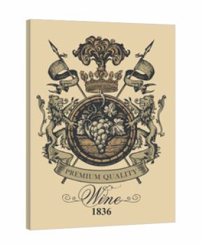 A hand-drawn vector banner with the inscription Wine, a wooden barrel, lions, spears, crown and bunch of grapes. Ornate wine label in the form of an antique coat of arms on a vintage beige backdrop