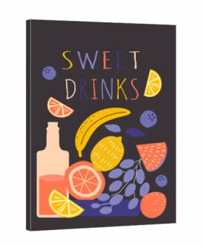 vector illustration - a bottle with a drink and fruits, the inscription - sweet drinks. trend illustration in flat style.