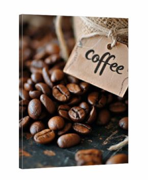 Coffee beans and a tag with the inscription coffee. Selective focus.