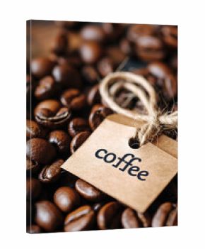 Roasted coffee beans close-up background and inscription coffee.