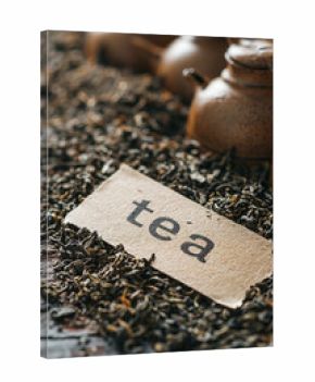 tea on a wooden table as a background and the inscription tea. drink