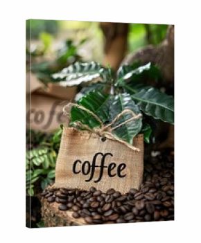 Tag with the inscription coffee on a coffee plantation. Selective focus.