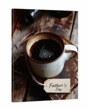 a cup of coffee close-up on a wooden background and the inscription father's day. Selective focus