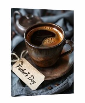 a cup of coffee close-up on a wooden background and the inscription father's day. Selective focus