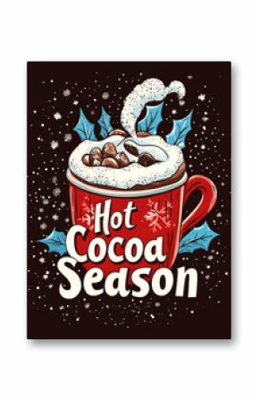 A red mug with white frosting and a white snowflake on it. The mug is labeled "Hot Cocoa Season" and has a picture of a hot chocolate drink on it.Generative ai illustration.