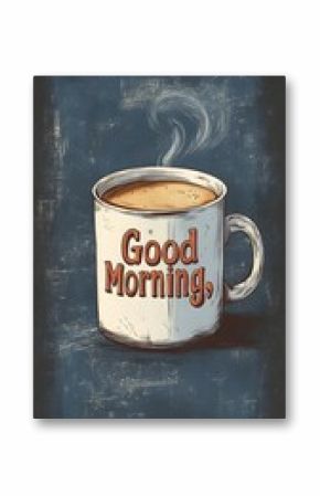 A steaming mug with "Good Morning" on a grunge background
