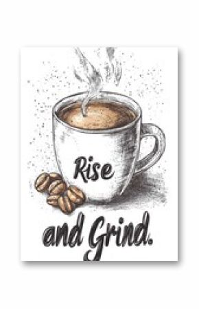 Hand-drawn Illustration of a Cup of Coffee with Steam, Coffee Beans, and the Phrase "Rise and Grind"