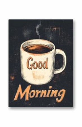 A Hand-Drawn Illustration of a Mug of Coffee with "Good Morning" Written on a Dark Background