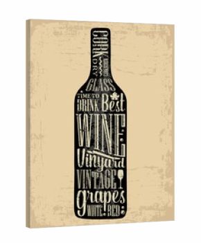 Typography poster lettering text in silhouette Wine bottle. Vintage vector engraving illustration. Advertising design for pub on brown old paper background