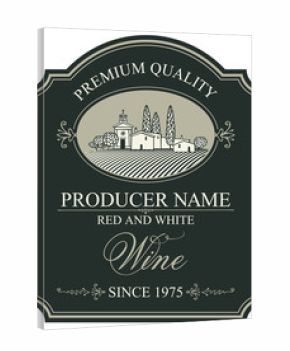 Vector wine label with a landscape of the european village in retro style with a calligraphic inscription in figured frame on the black background.