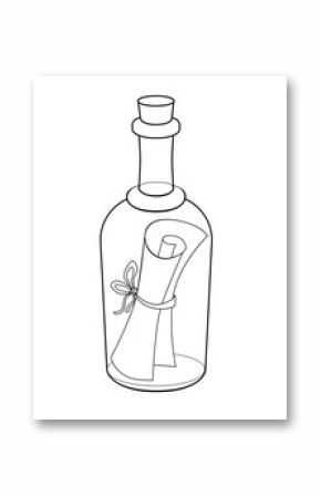 Letter in a bottle - vector linear picture for coloring. Bottle mail - a closed bottle with a scroll tied with a ribbon inside it. Outline. A bottle with a note found in the sea.