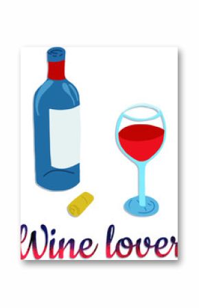 Isolated bottle of wine and glass with lettering wine lover