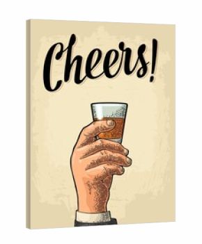 Male hand holding a glass with rum. Cheers calligraphy lettering