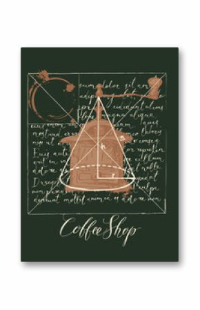 Banner with the inscription Coffee shop, a hand-drawn coffee grinder and a cone on the background of handwritten text Lorem ipsum. Creative vector illustration on the black backdrop in retro style