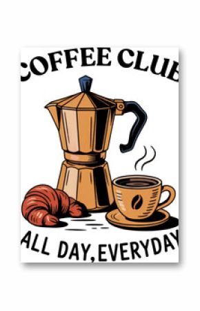 Coffee Club Illustration with Moka Pot, Croissant, and Coffee Cup isolated on white transparent background