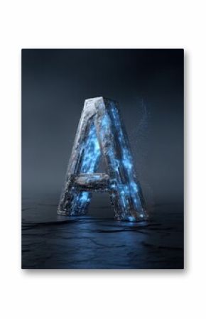 Stunning 3D digital rende of a futuristic icy letter A standing on a cracked surface with sparkling icy particles and glowing blue accents in a dark background
