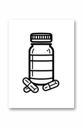 A black and white icon of an open medicine bottle with two pills next to it a simple vector graphic on a plain background with high contrast sharp edges a bold outline and no text or letters in the 