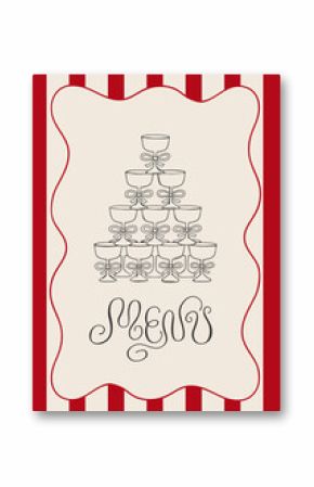 Vintage menu card with champagne tower and calligraphy quote on striped background. Vector hand drawn line elegant illustration of martini cocktail glasses pyramid