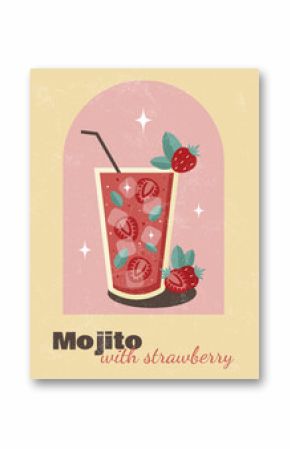 Poster with cocktail on beige background with grunge texture. Mojito with strawberry. Banner for restaurant, cafe, bar, club, advertising,decorations. Poster in retro style. Flat vector illustration.