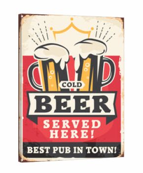 Cold beer served here retro pub sign with beer mugs on old metal texture, Vintage poster with alcoholic drinks. Vector cafe bar illustration.